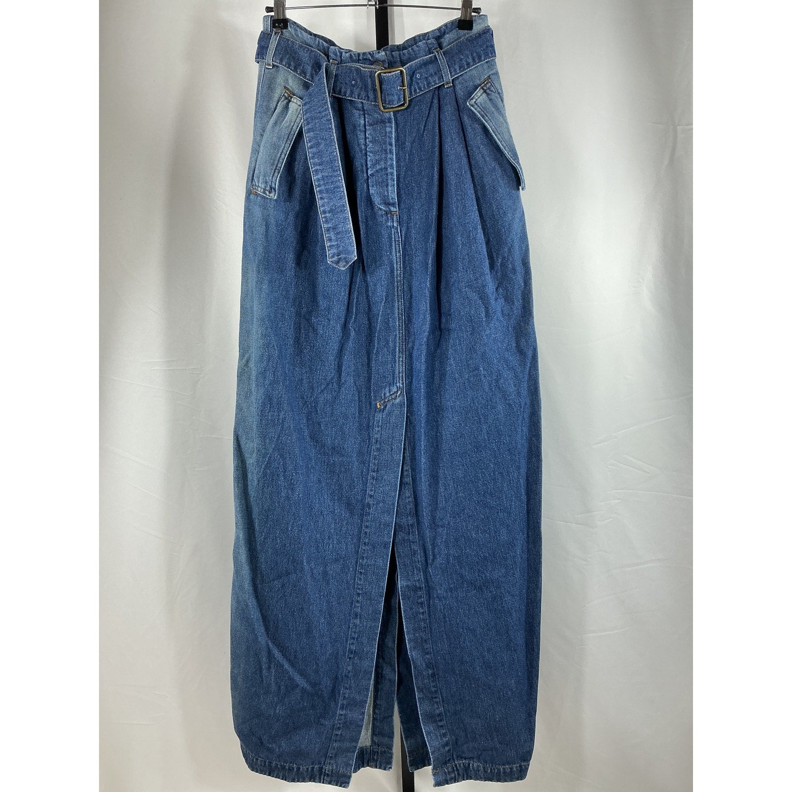 Dries Van Noten Belted Blue Cotton Denim Maxi Skirt Size 38