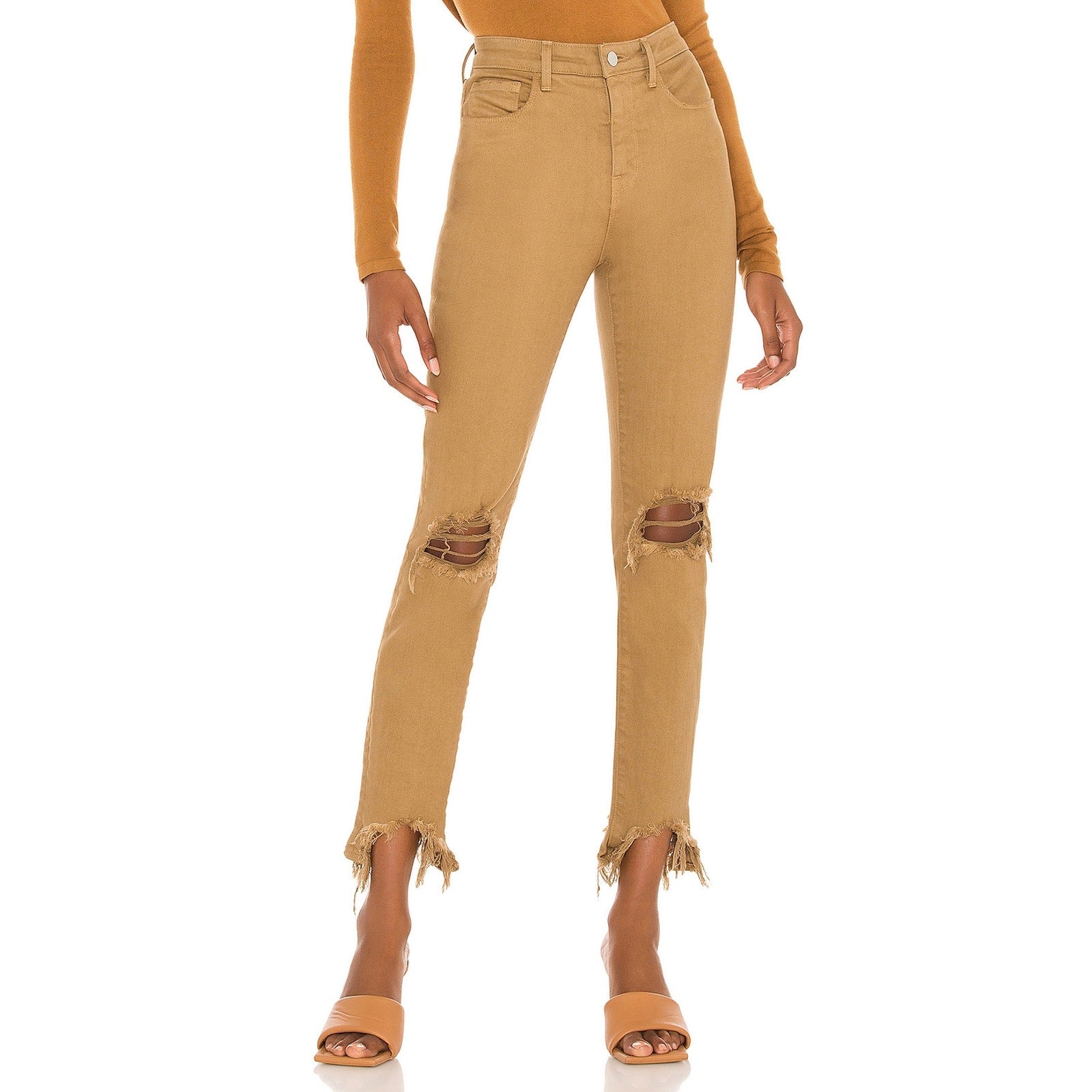 L'Agence High Line High Rise Skinny Tan Destroyed Denim Jeans Size 28