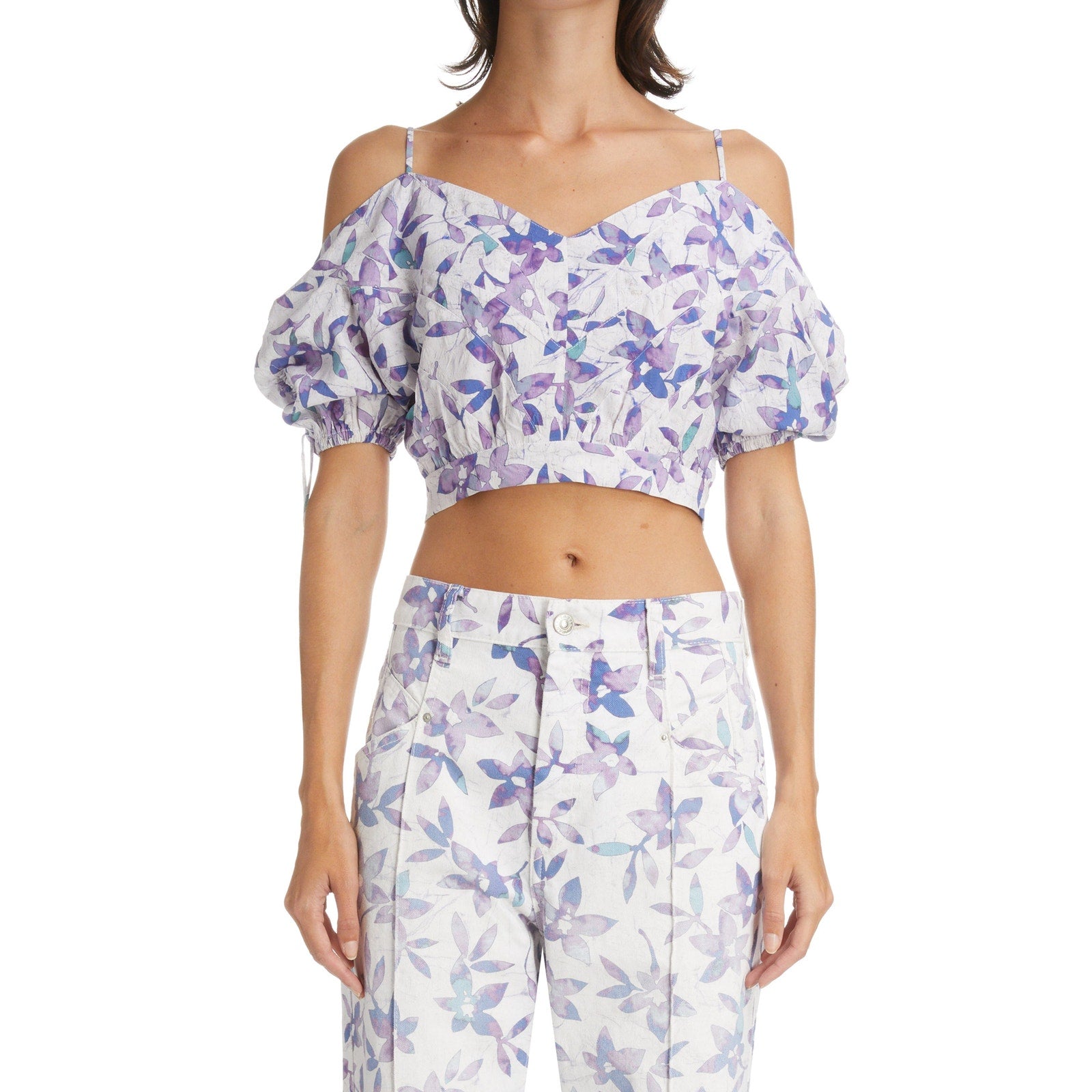 Isabel Marant 'Lizberit' White Floral Print Cold Shoulder Cut Out Crop Top Size 10