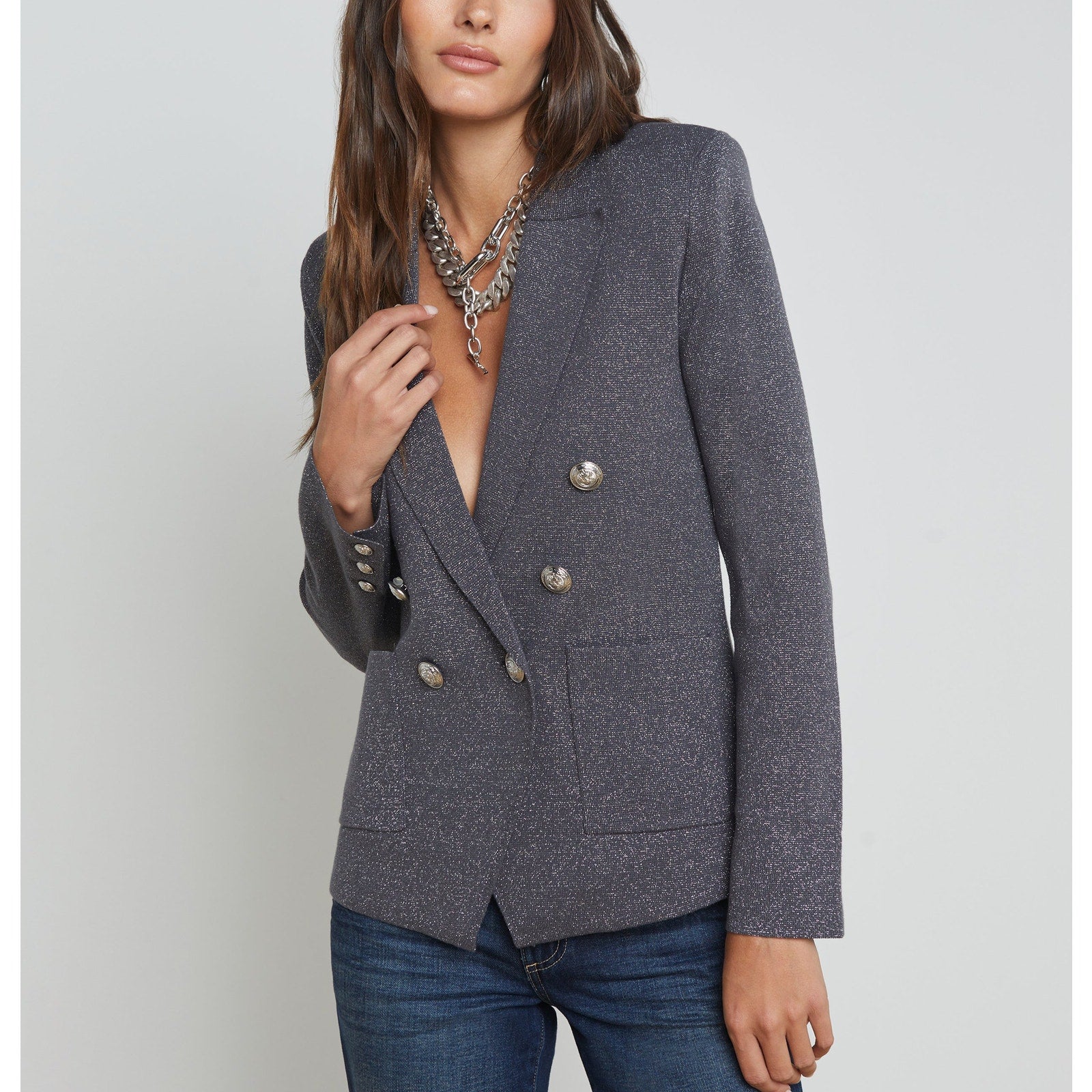 L'Agence 'Kenzie' Silver Cotton Metallic Knit Blazer Size M - NWT