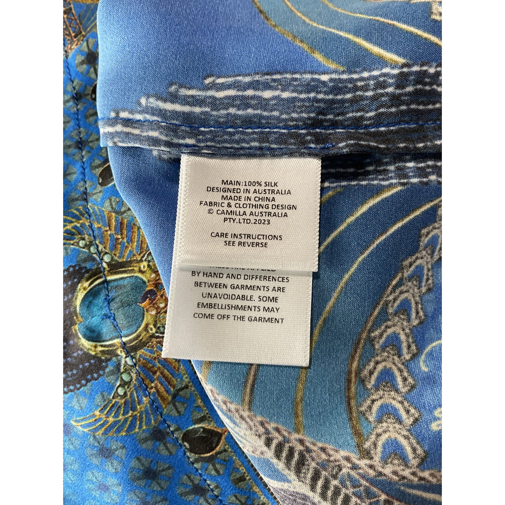 Camilla Mini Blue Silk Shirt Dress With Feather Cuffs Size S - NWT