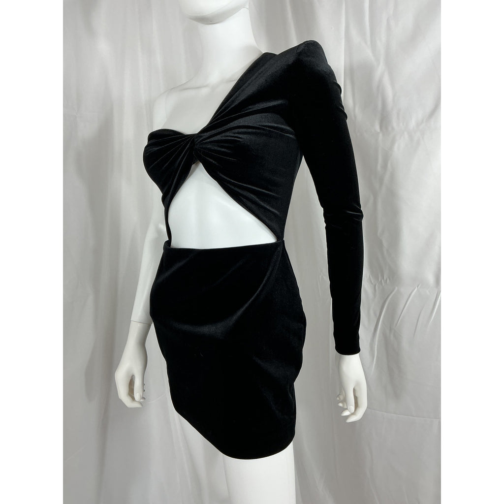 Alex Perry 'Velvet' Black Greer One Shoulder Cut Out Knot Mini Dress Size 4 - NWT