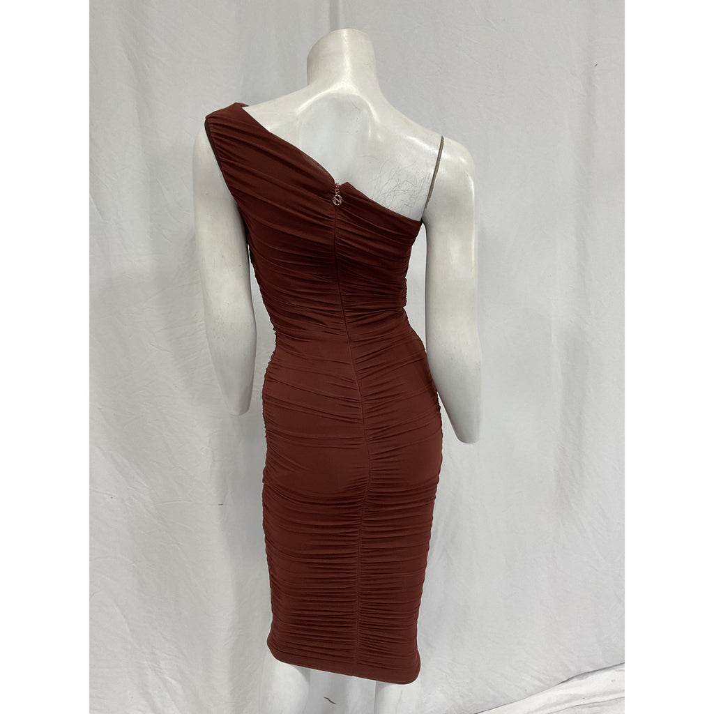 Nookie x Revolve Inspire Brown Nylon One Shoulder Midi Dress Size S