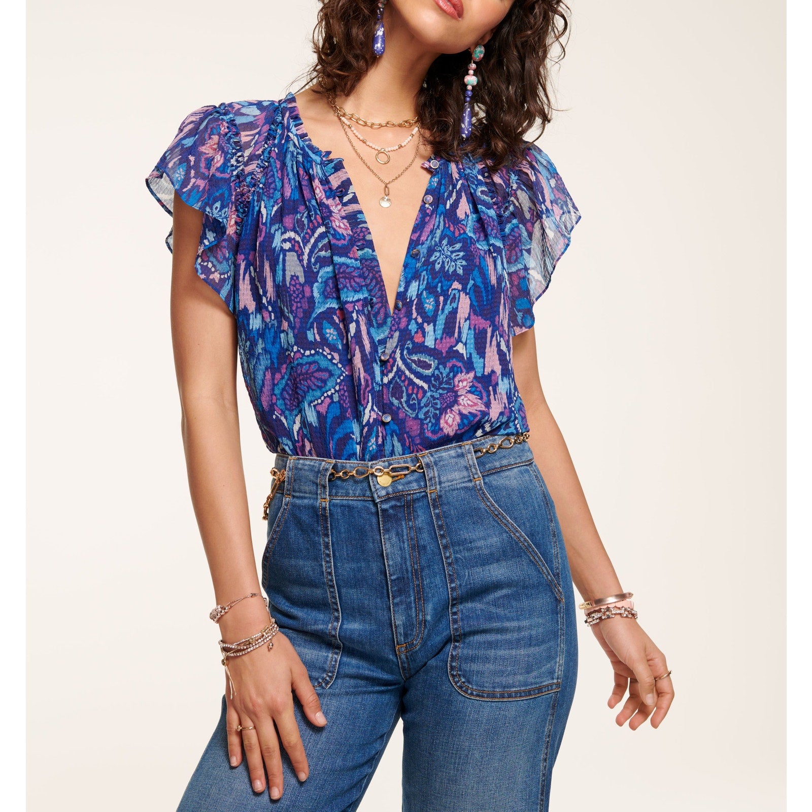 Ramy Brook 'Ember' Blue Allover Print V Neck Flutter Sleeve Blouse Size XS
