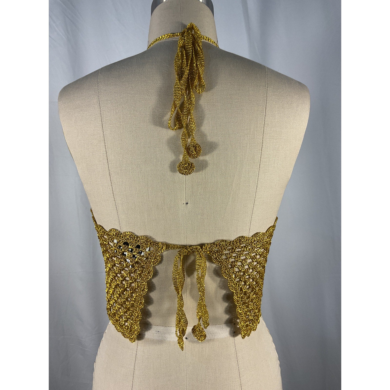 Ganni 'Metallic' Gold Viscose Crochet Top Size XS