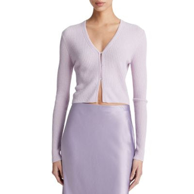 Vince Ribbed Lilac Cropped V Neck Cardigan Size S