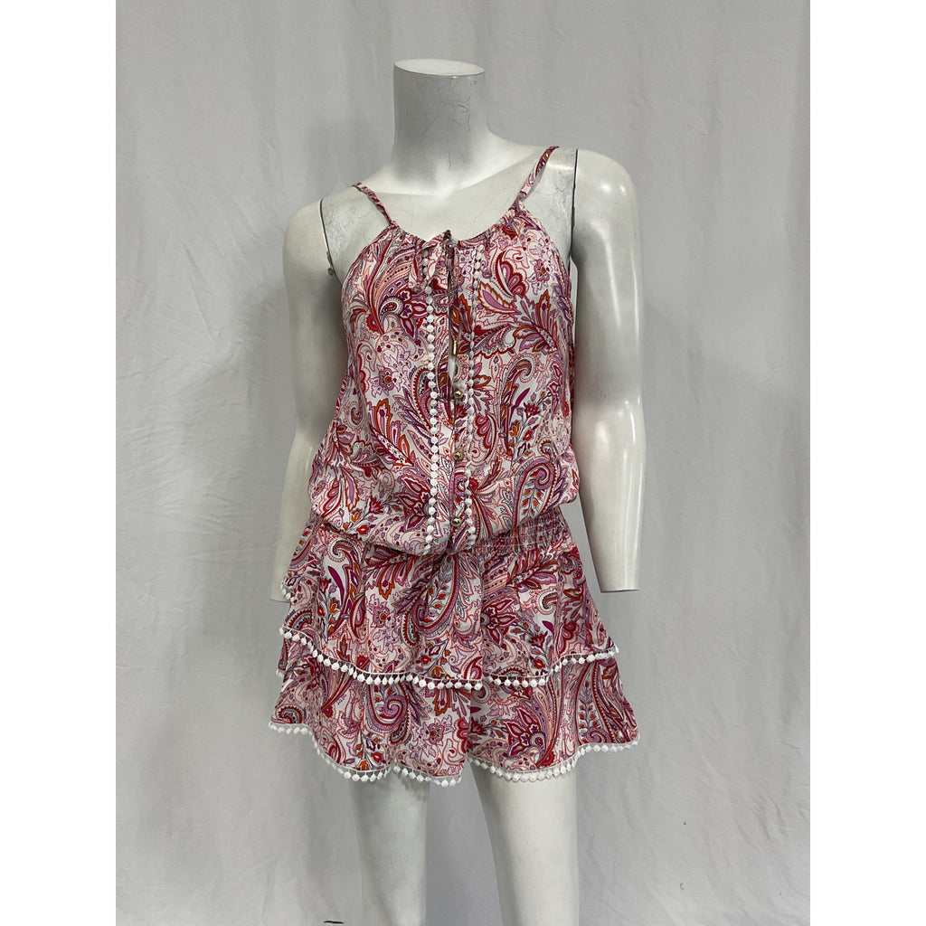 Melissa Odabash Rosa Pink Viscose Picot-Trimmed Paisley-Print Voile Mini Dress Size XS