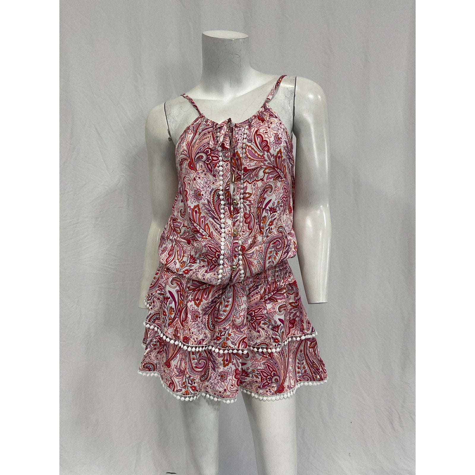 Melissa Odabash Rosa Pink Viscose Picot-Trimmed Paisley-Print Voile Mini Dress Size XS