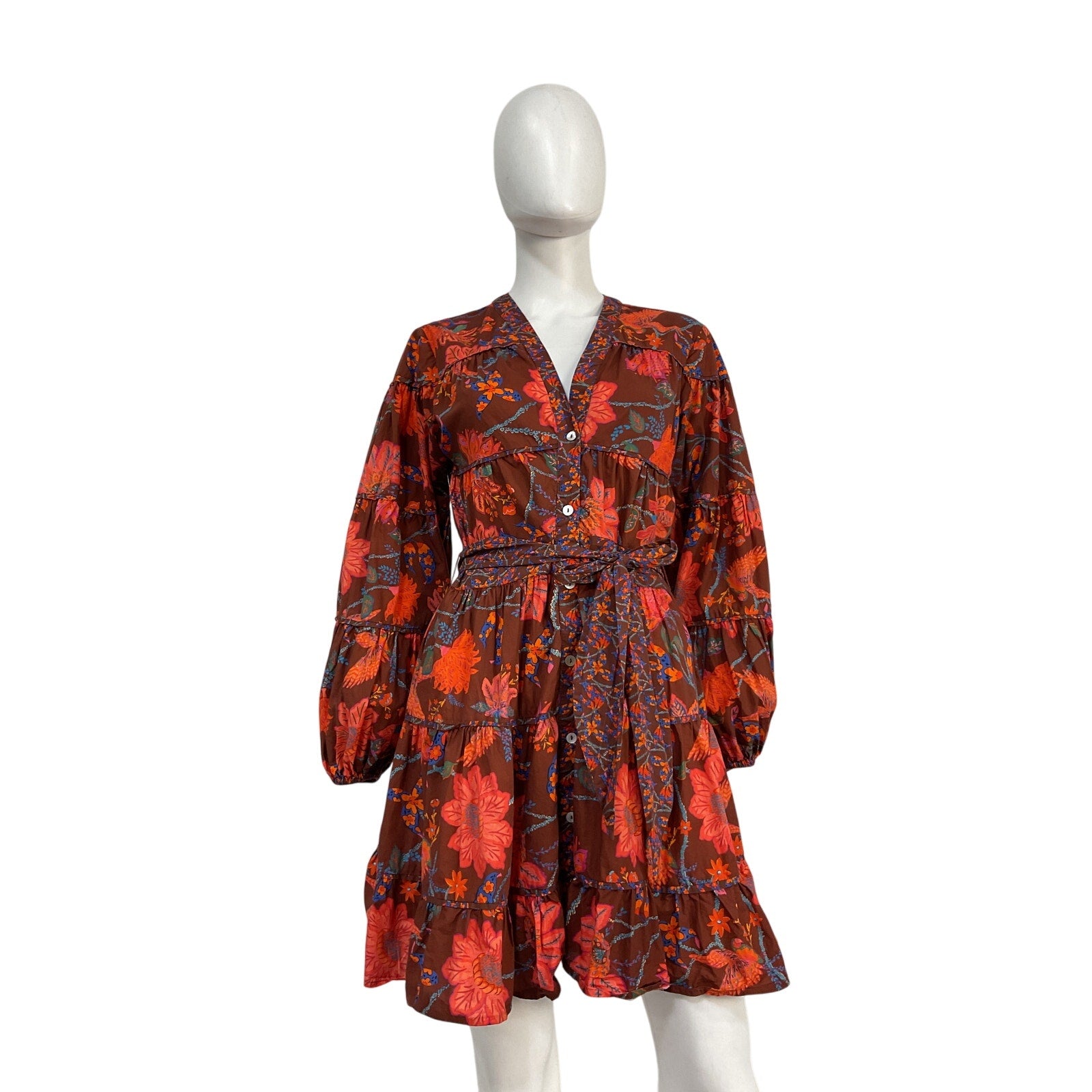 Farm Rio Brown Cotton Button-Front Dress Size S
