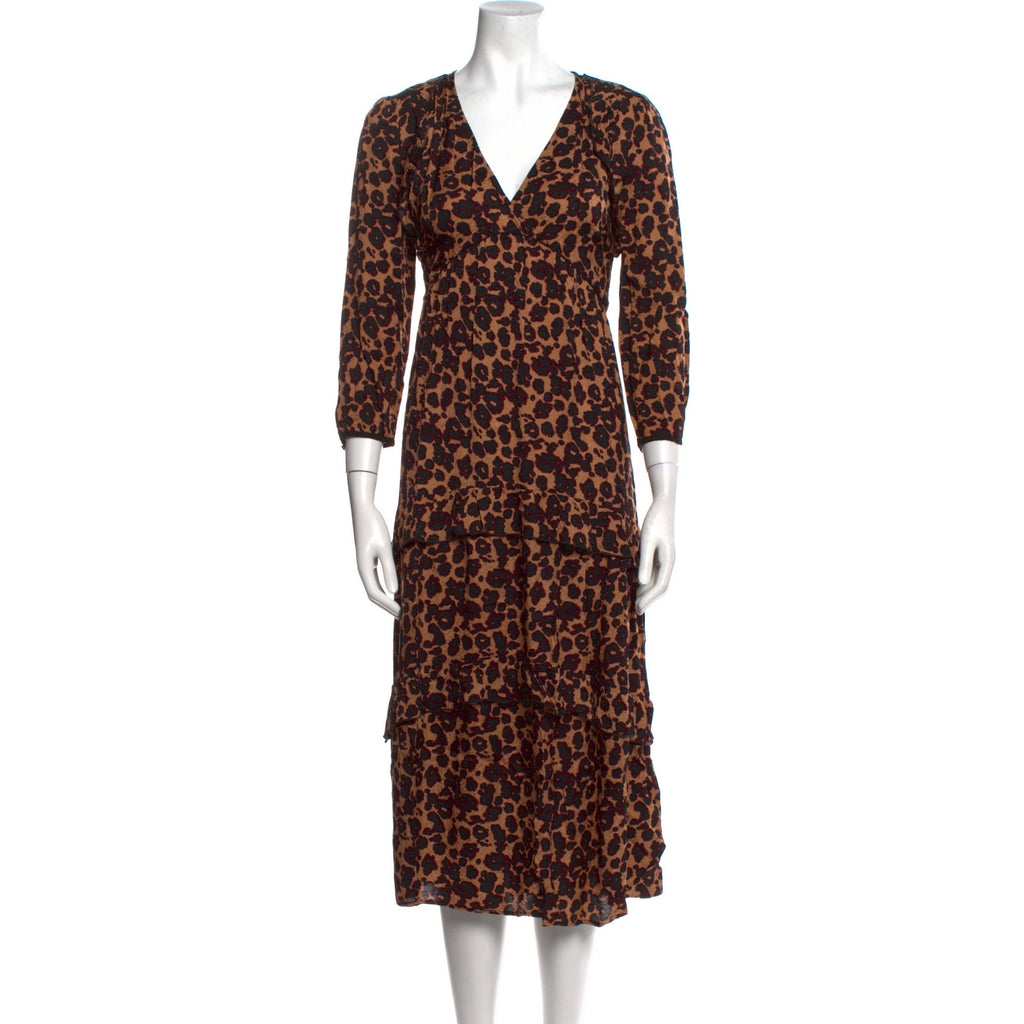 Ba&Sh Animal Print Brown Three Quarter Sleeve V Neck Midi Dress Size L