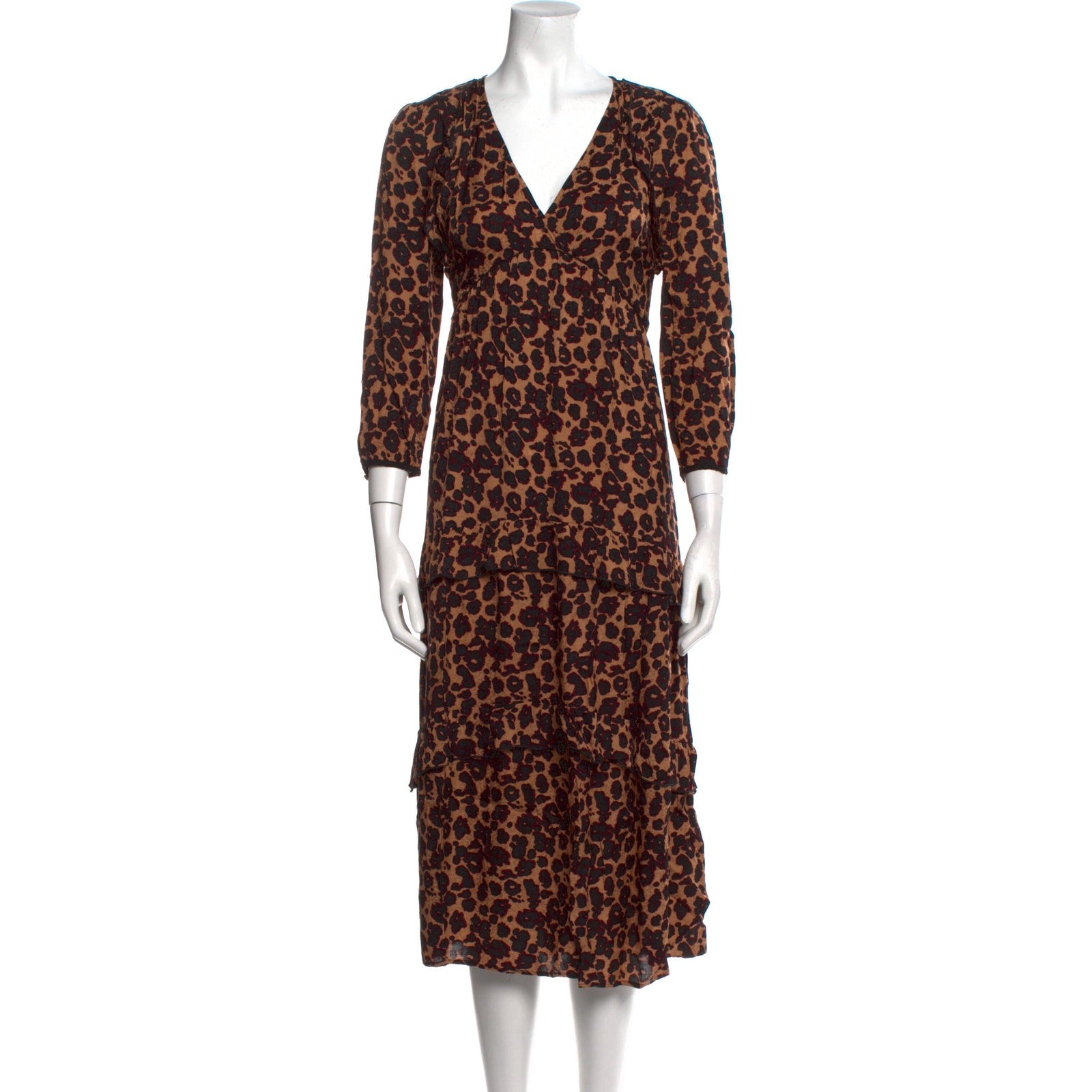 Ba&Sh Animal Print Brown Three Quarter Sleeve V Neck Midi Dress Size L