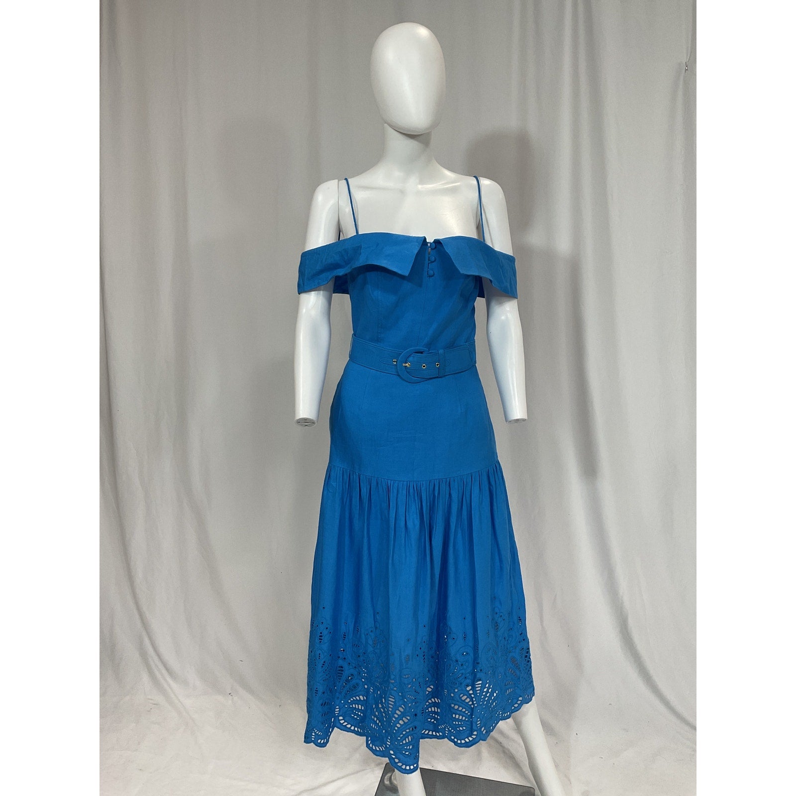 Rebecca Vallance 'Isidora' Blue Sleeveless Belted Linen & Cotton Midi Dress Size 2