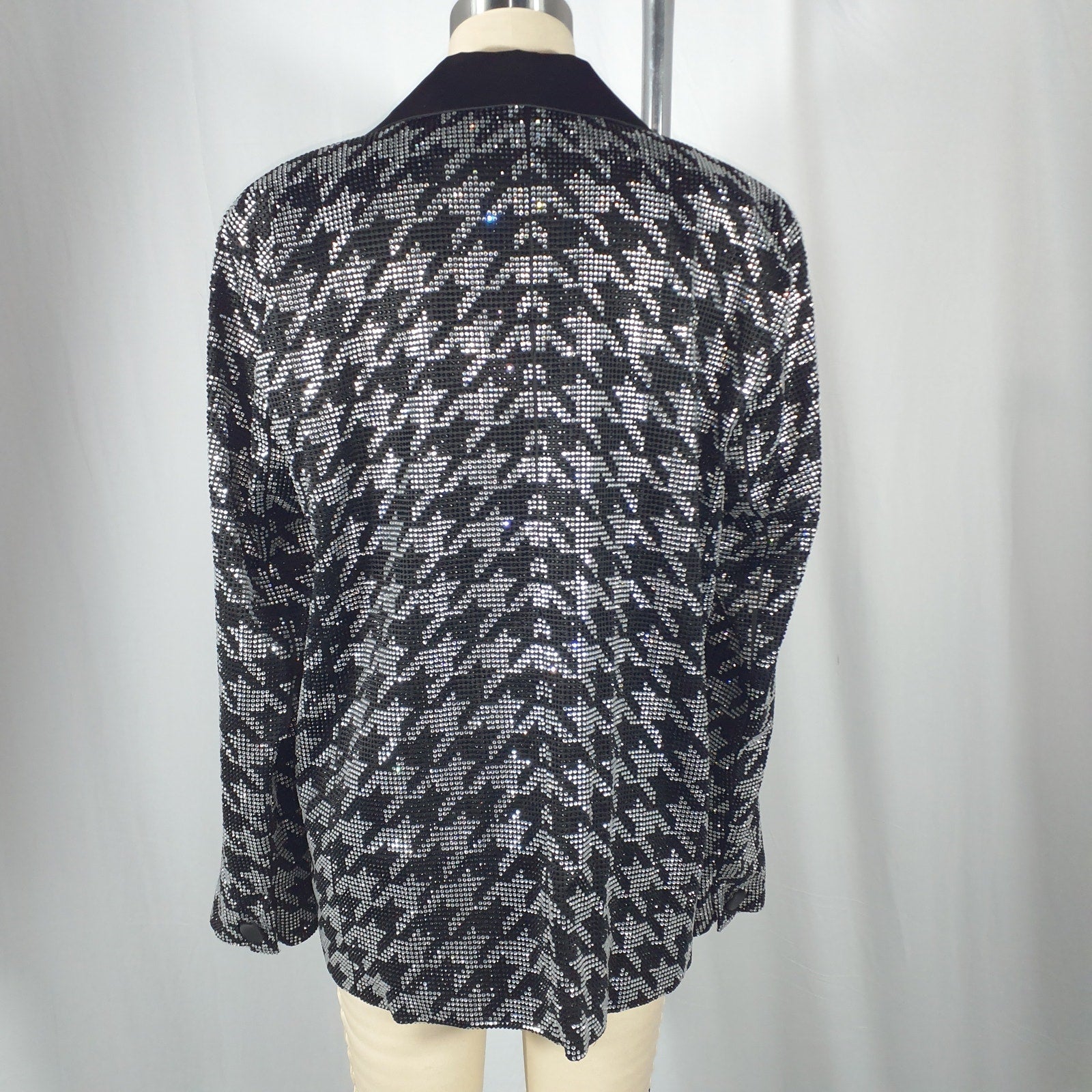 Retrofete 'Ivy' Black Crystal Embellished Houndstooth Satin Blazer Size S