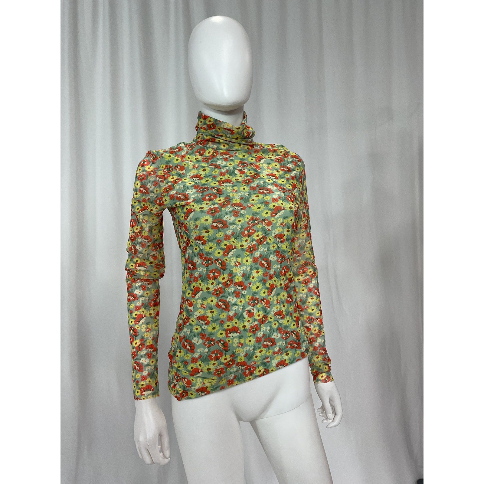 Ganni Printed Mesh Long Sleeve Green Fitted Rollneck Top Size 36