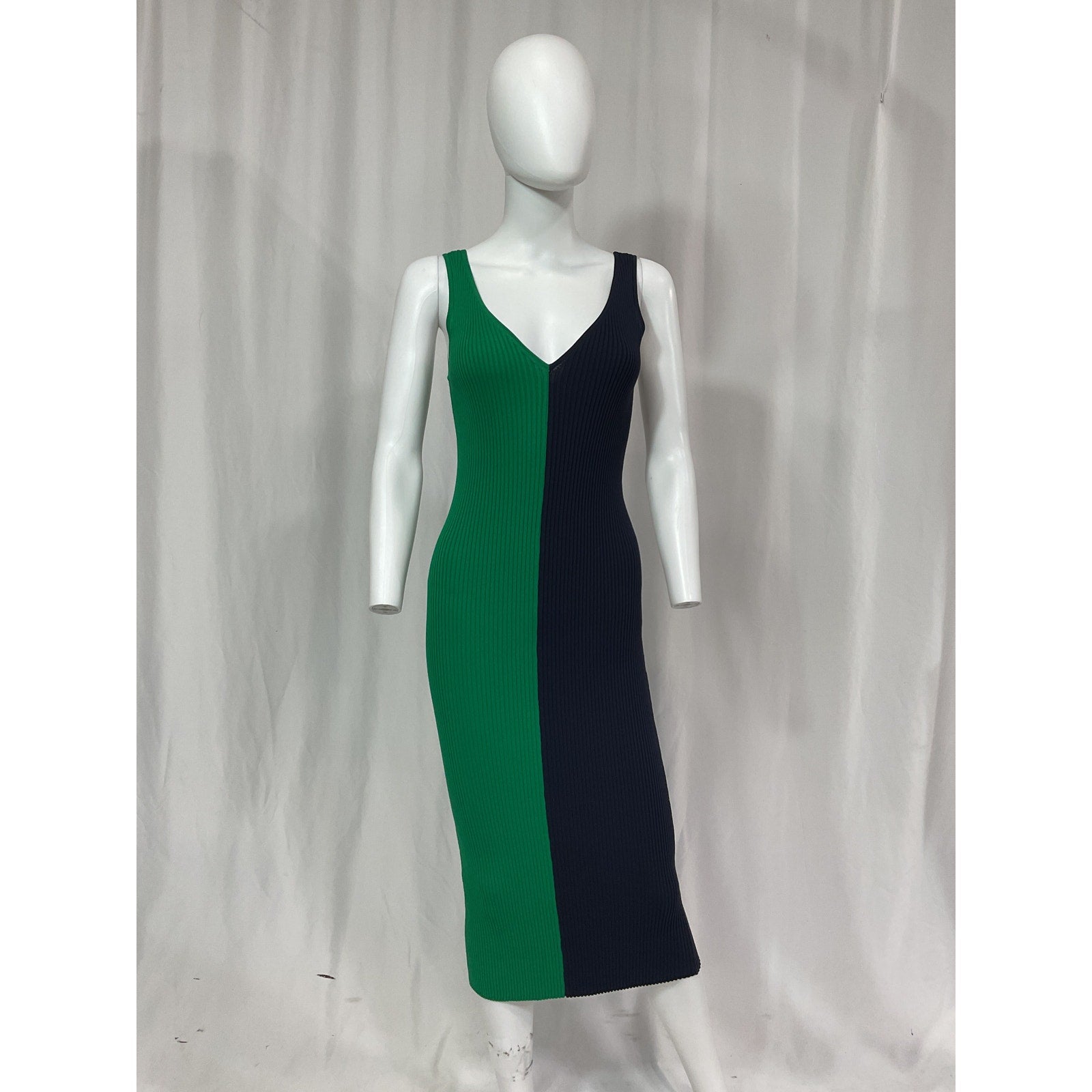 Staud 'Dana' Black Sleeveless Colorblock Ribbed Body-Con Midi V Neck V Back Dress Size S