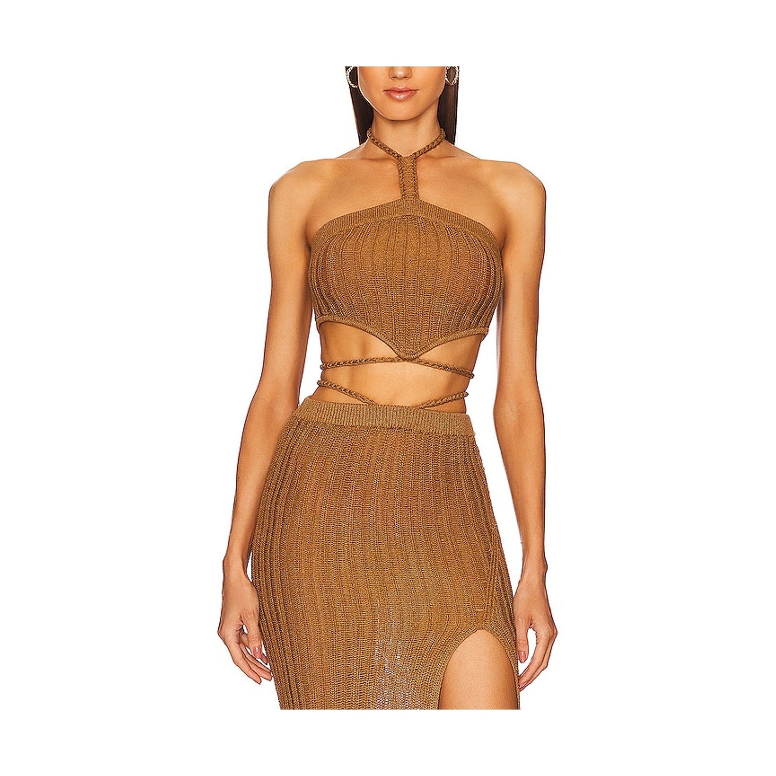 Michael Costello x Revolve 'Sylvan' Brown Halterneck Knit Top Size XS