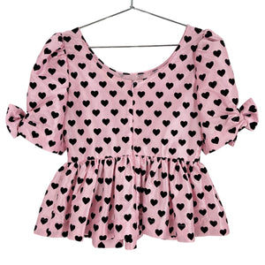 LoveShackFancy Playful Pink Heart Print Peplum Blouse Size 2
