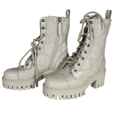 Gucci Luxurious Milk White Logo Quilted Leather Combat Boots Size 5 US / 35 EU