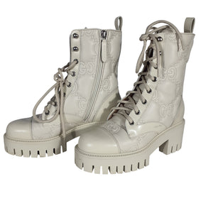 Gucci Luxurious Milk White Logo Quilted Leather Combat Boots Size 5 US / 35 EU