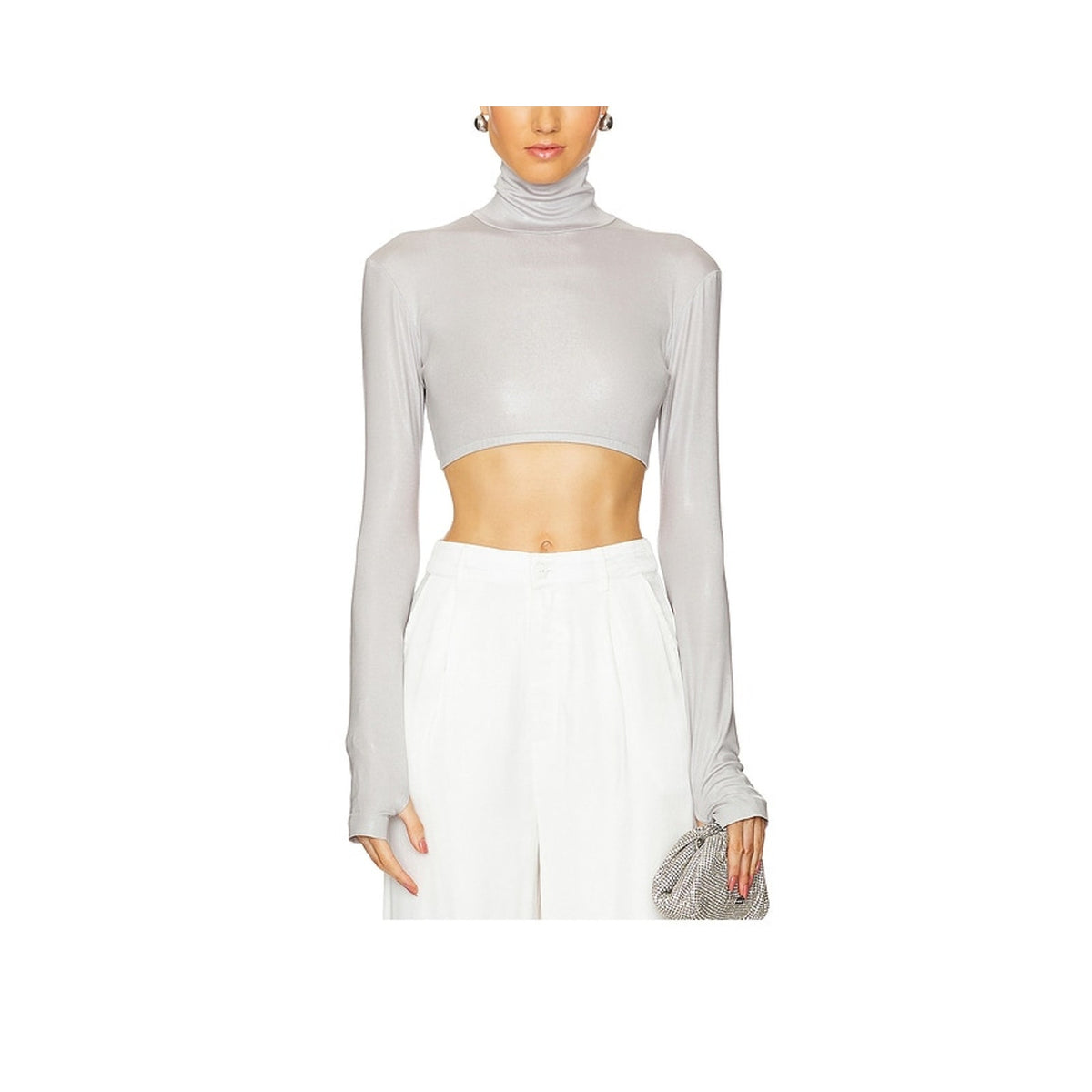 Norma Kamali Grey Polyester Cropped Slim Fit Long Sleeve Turtleneck Top Size S