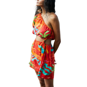 Farm Rio Vibrant Red Ipanema One-Shoulder Mini Dress Size XS