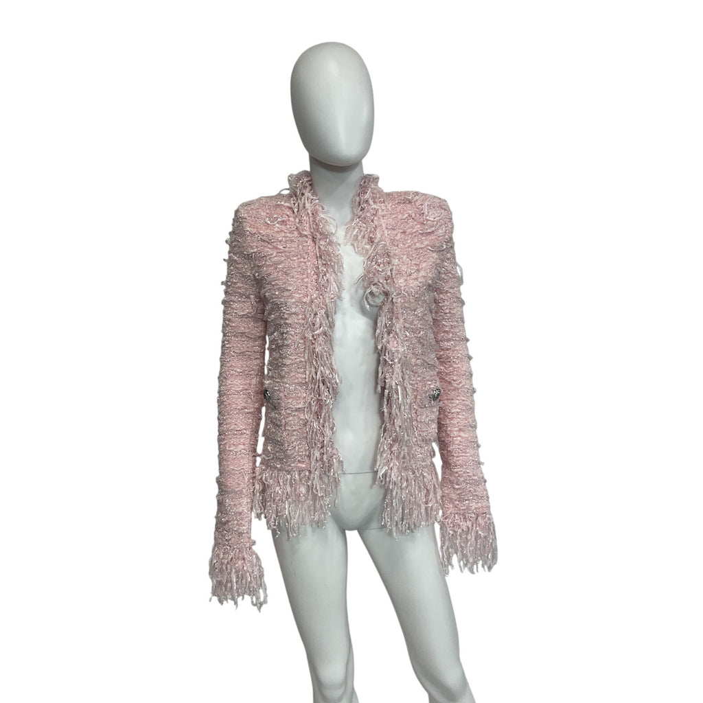 Balmain Fringed Pink Bouclé-Tweed Jacket Size 2