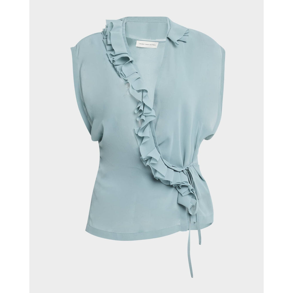 Dries Van Noten 'Clematis' Blue Polyester Ruffle Sleeveless Wrap Top Size 34