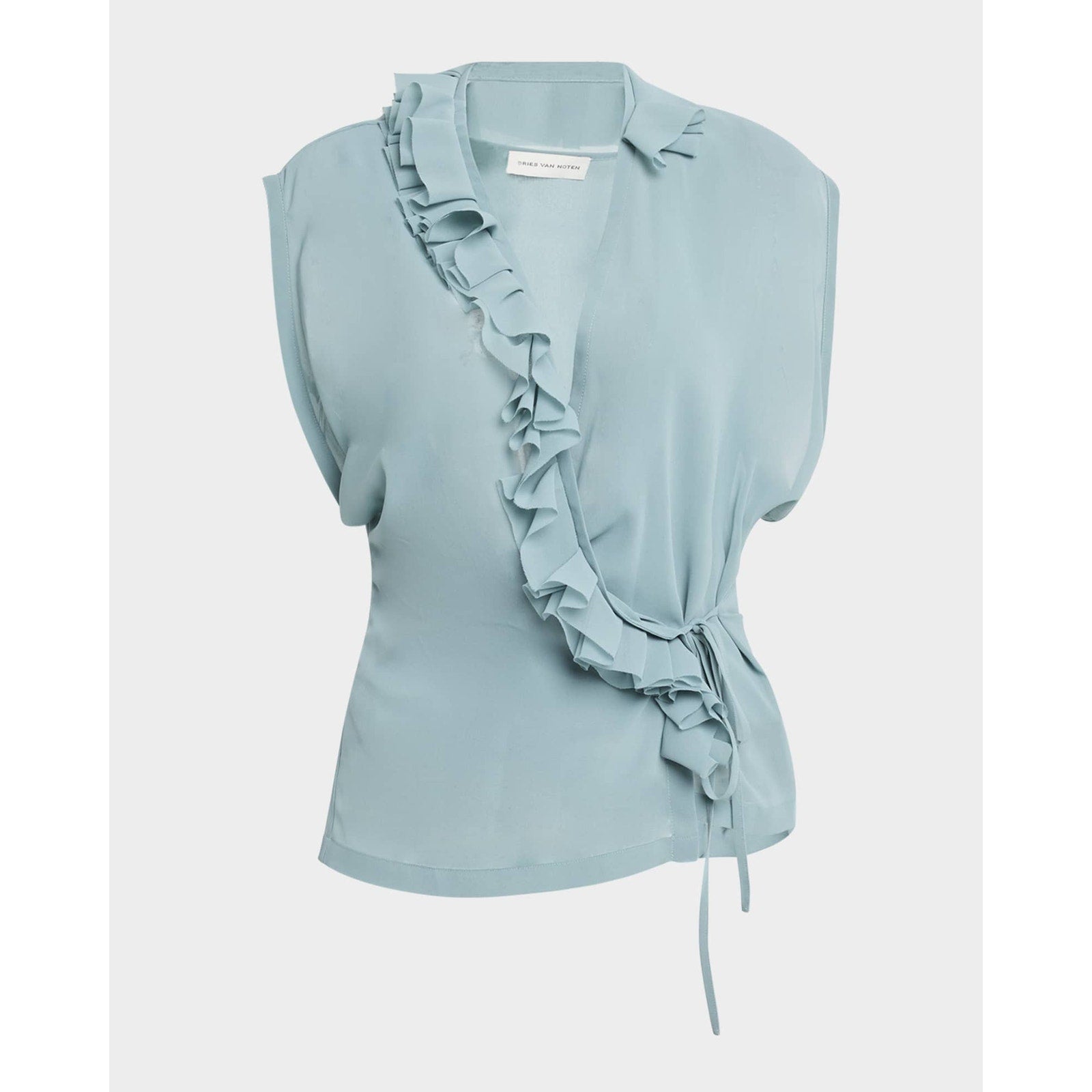 Dries Van Noten 'Clematis' Blue Polyester Ruffle Sleeveless Wrap Top Size 34