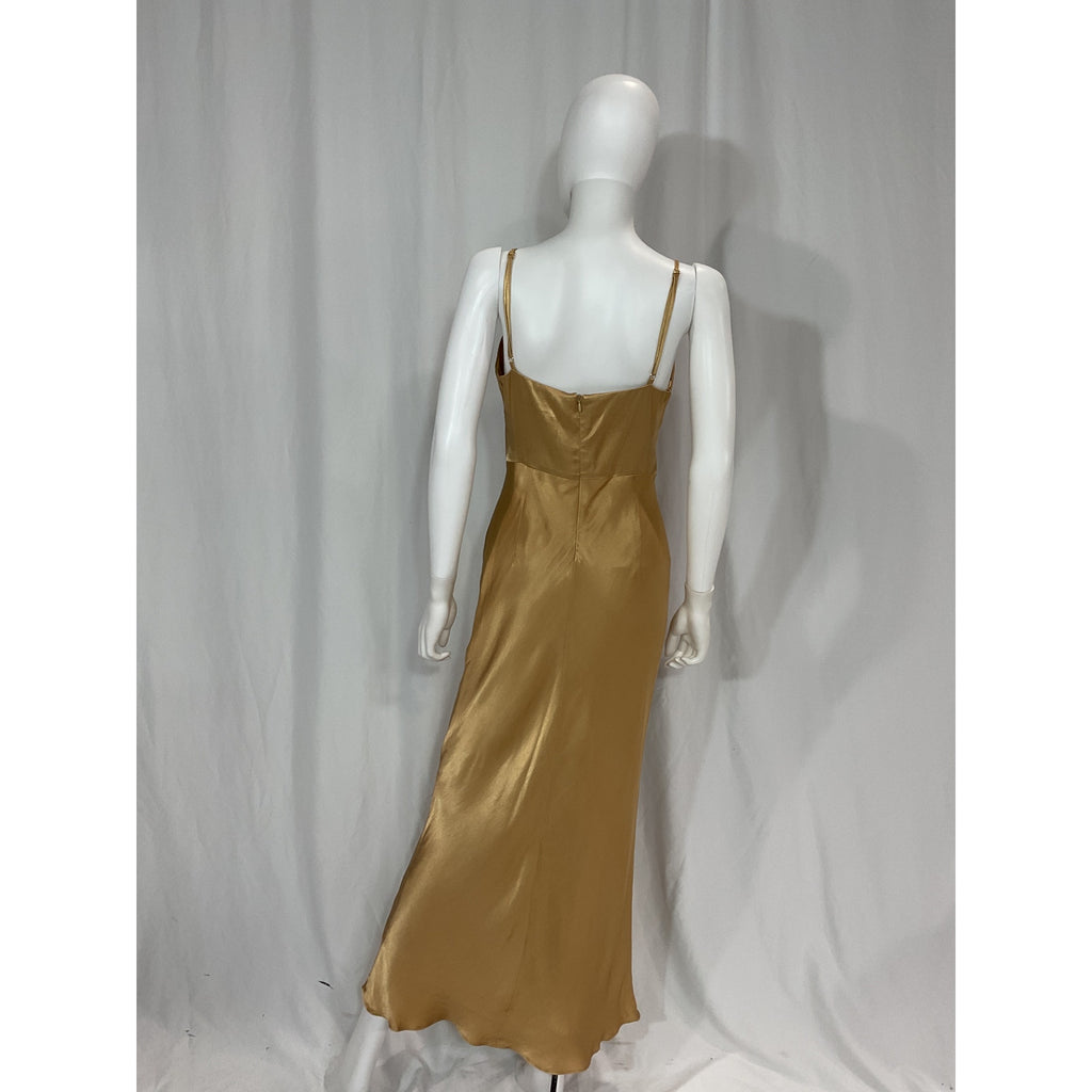 Shona Joy 'Oliviera' Gold Satin Twist Front Midi Dress Size 6
