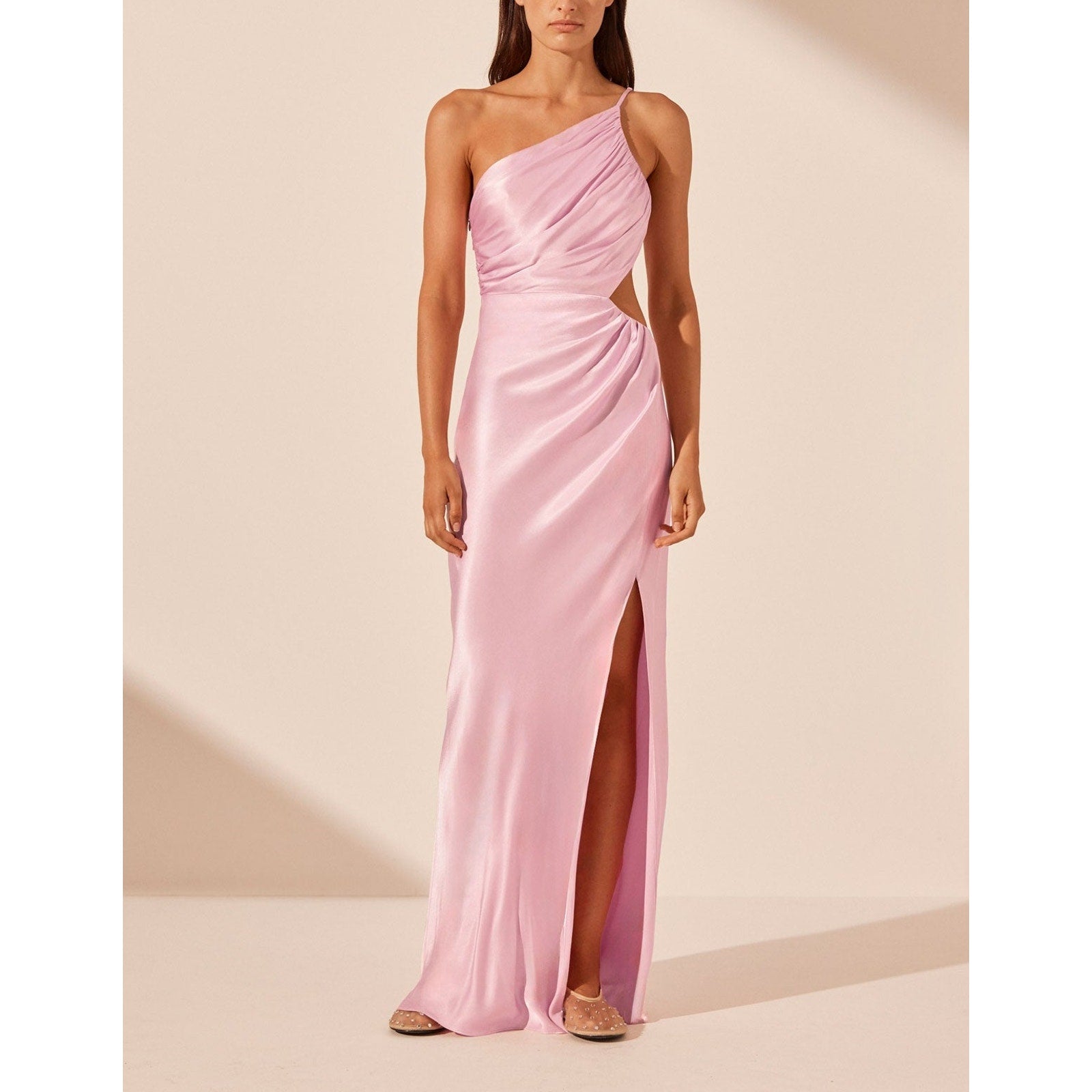 Shona Joy 'La Lune' Pink One Shoulder Asymmetrical Gathered Satin Maxi Dress Size 4 - NWT