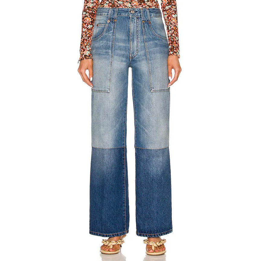 Victoria Beckham 'Serge' Blue Two-Tone Mid-Rise Wide-Leg Denim Jeans Size OS