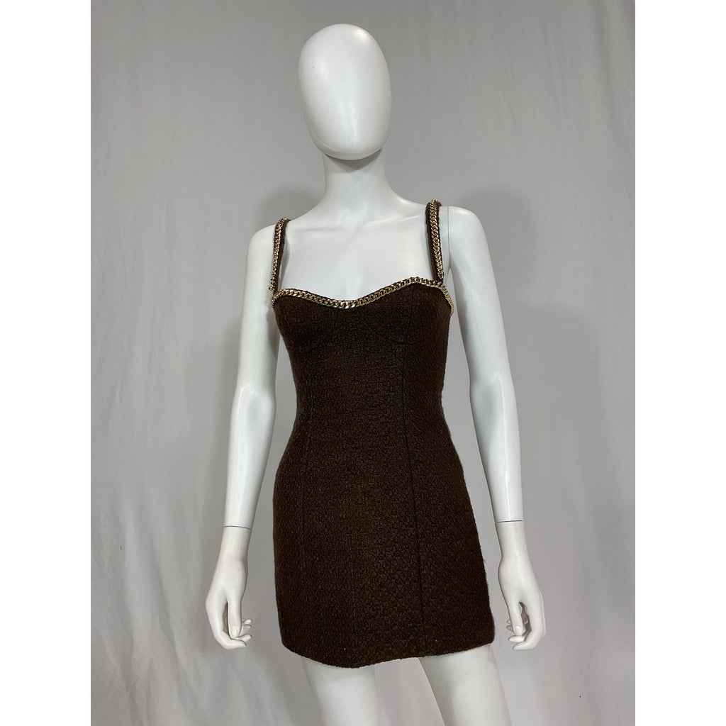 Majorelle 'Riah' Brown Gold Chain Trim Tweed Mini Dress Size XS