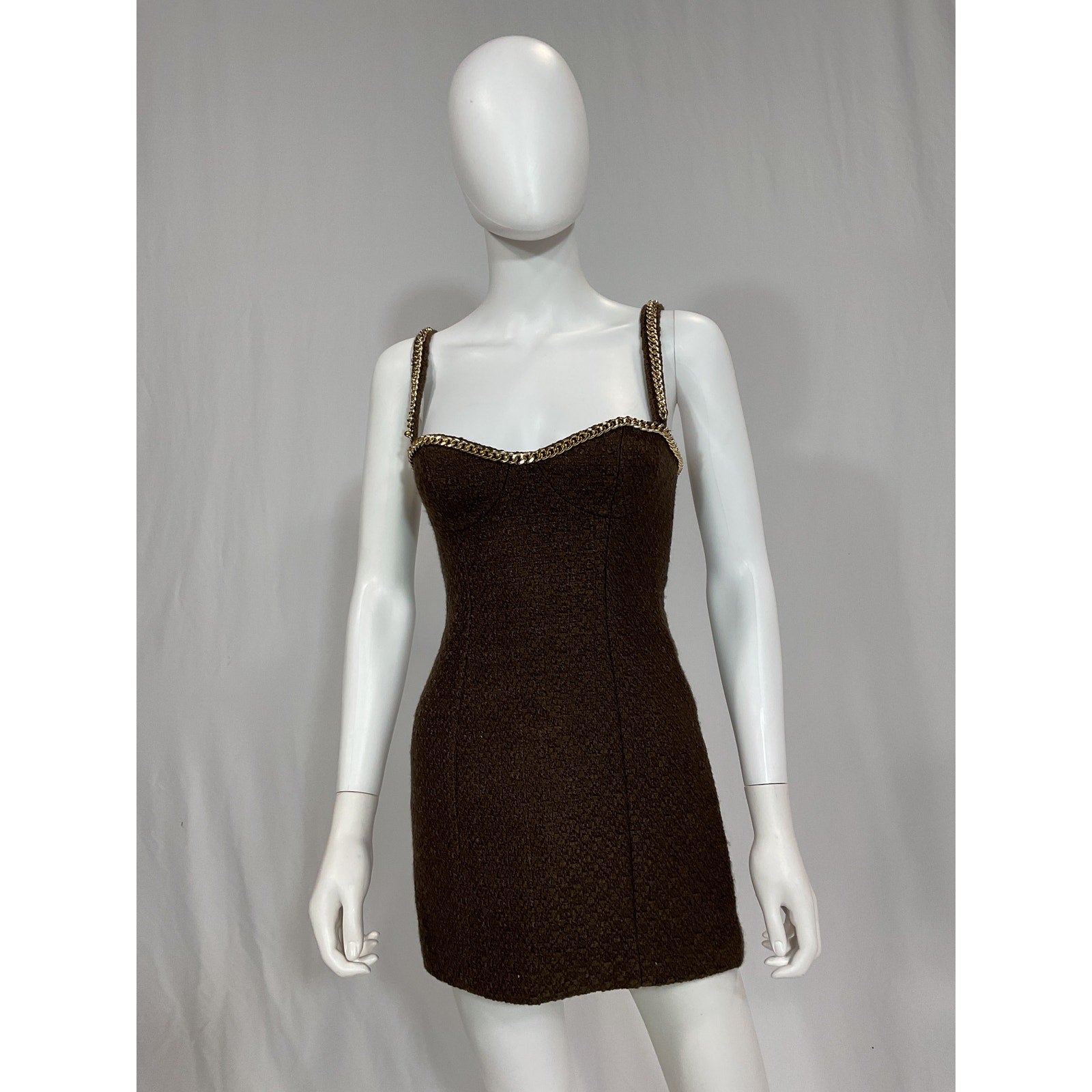 Majorelle 'Riah' Brown Gold Chain Trim Tweed Mini Dress Size XS