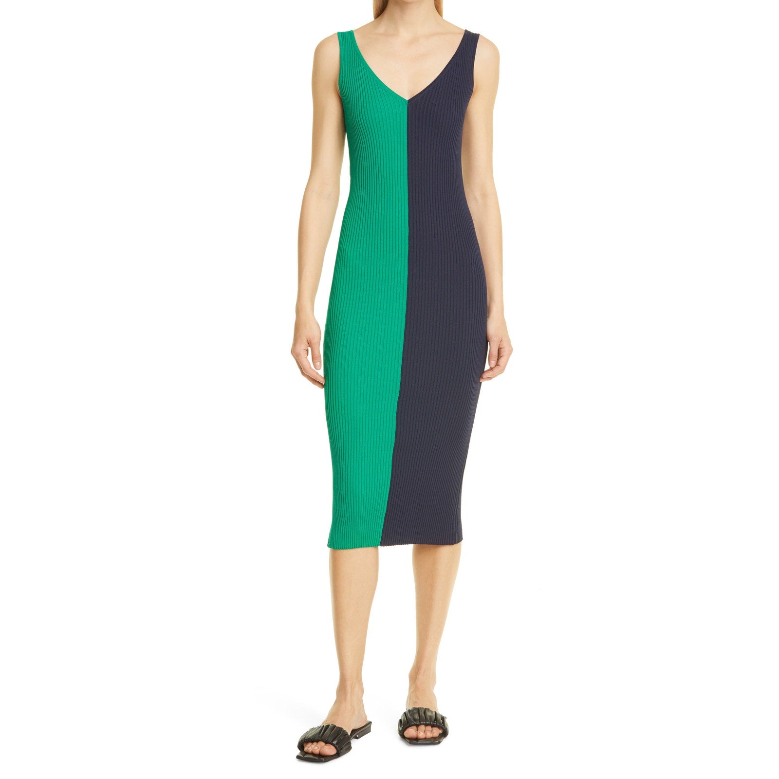 Staud 'Dana' Black Sleeveless Colorblock Ribbed Body-Con Midi V Neck V Back Dress Size S