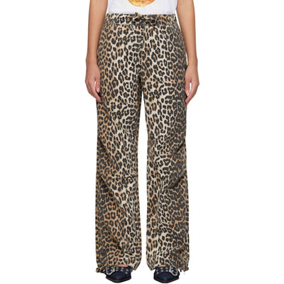 Ganni Leopard Washed Brown Cotton Canvas Drawstring Trousers Size 34