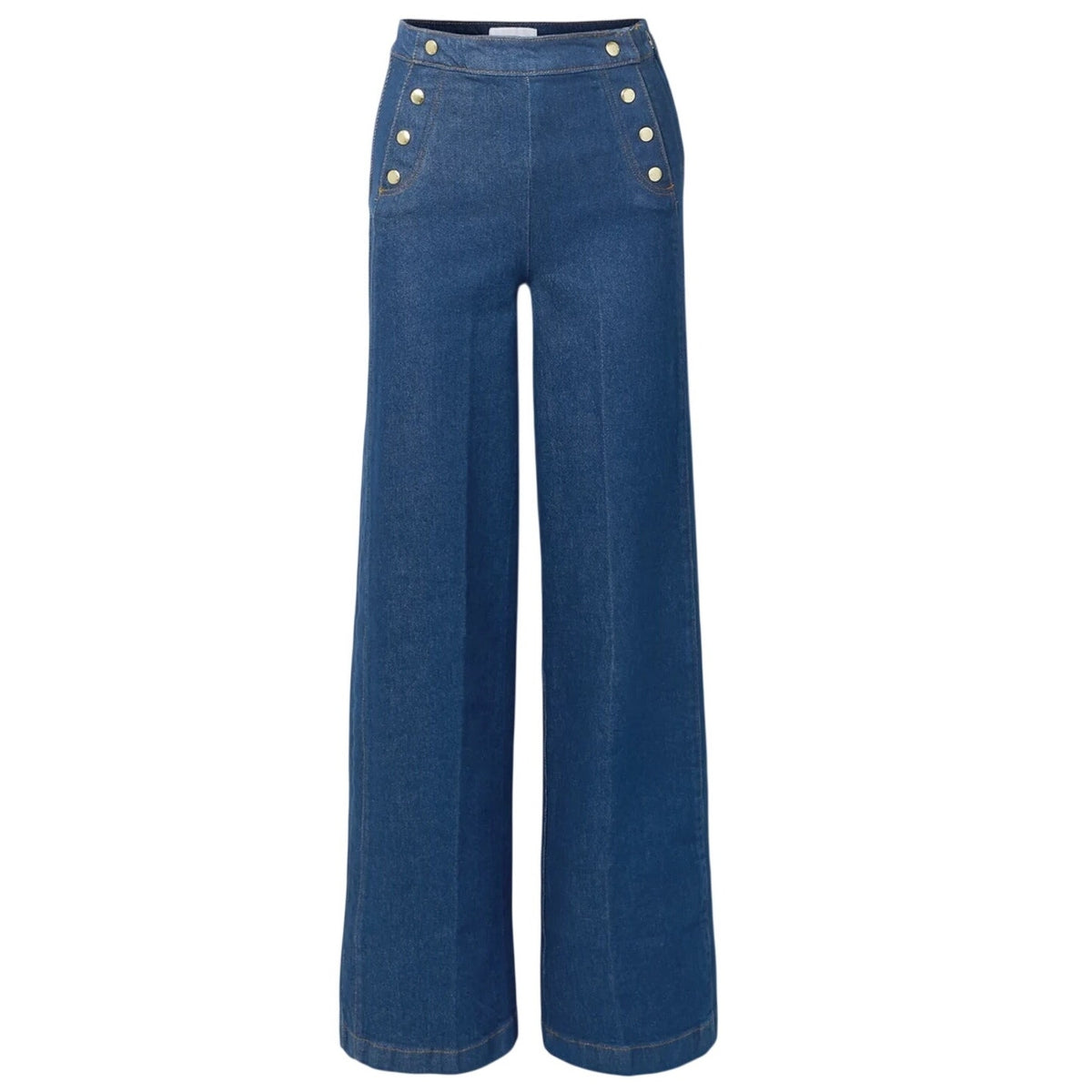 Frame Chic Blue Sailor Button-Embellished High-Rise Wide-Leg Denim Jeans Size 33