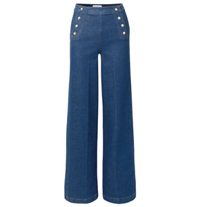Frame Chic Blue Sailor Button-Embellished High-Rise Wide-Leg Denim Jeans Size 33