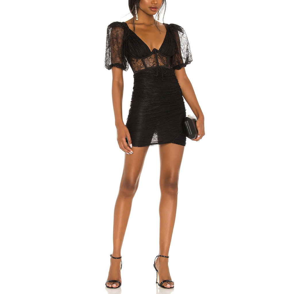For Love & Lemons Black Puff Sleeve Mini Dress Size M