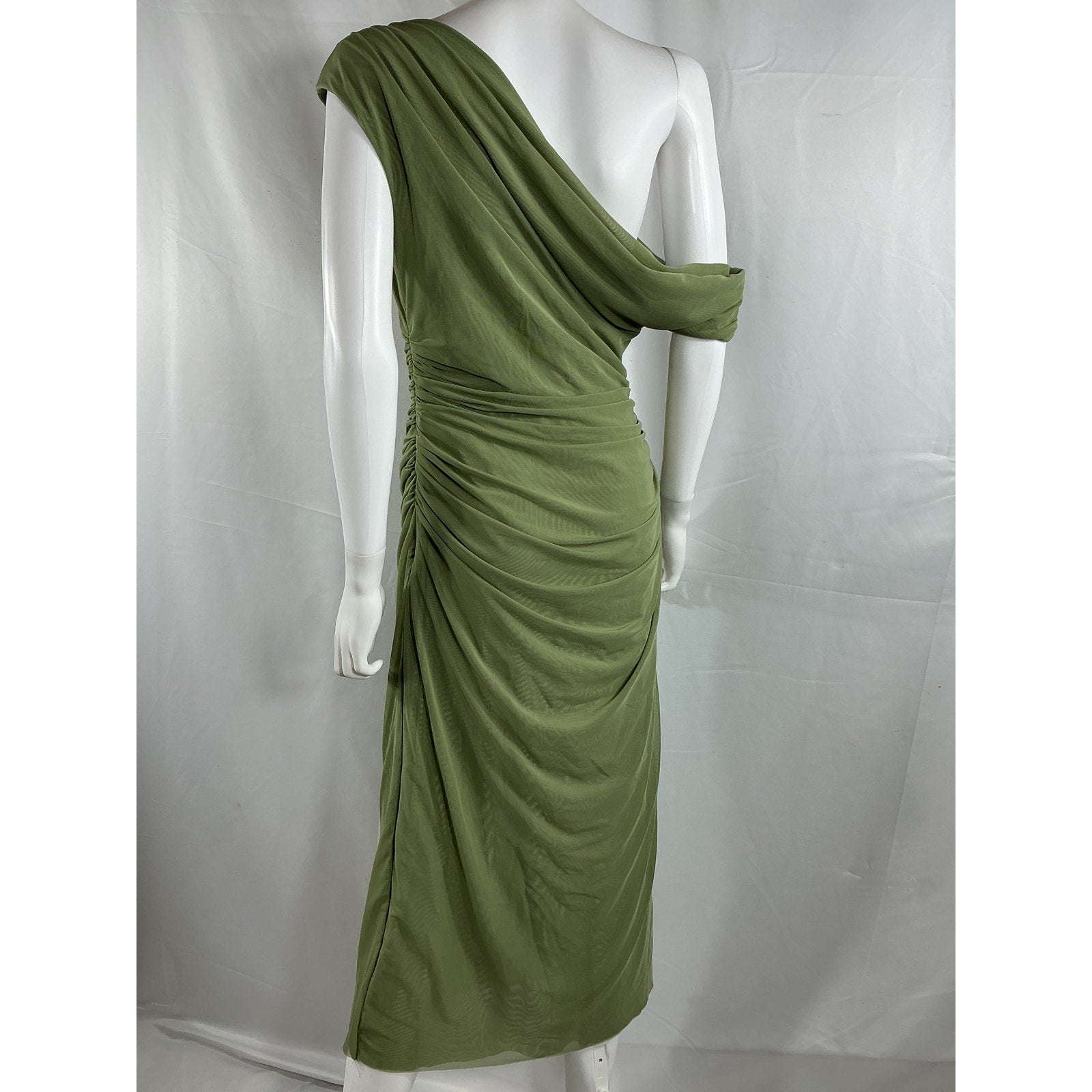 Significant Other Drew Green Polyester Draped Mesh-Jersey Off-The-Shoulder Midi Dress Size 8