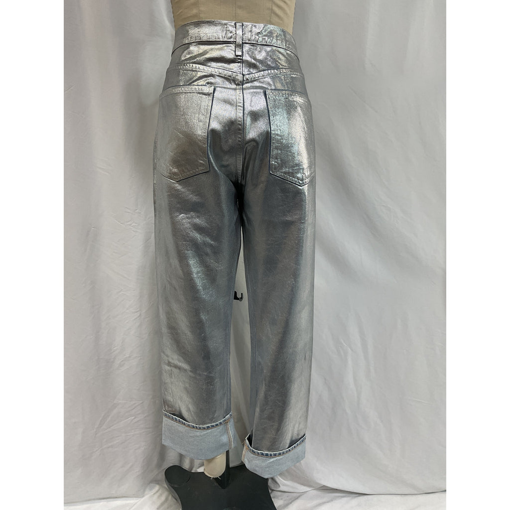 Agolde 90S Silver Cotton Pinch-Waist High-Rise Metallic Straight-Leg Denim Jeans Size 31