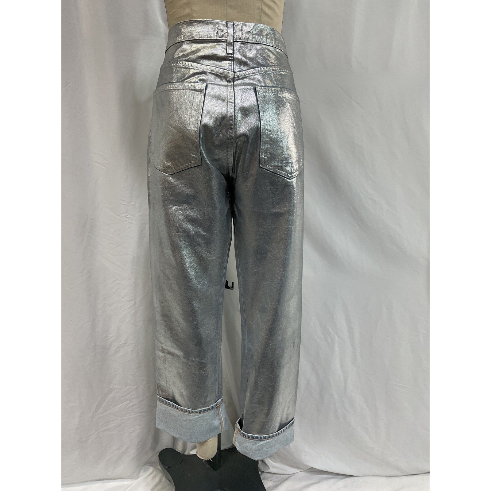Agolde 90S Silver Cotton Pinch-Waist High-Rise Metallic Straight-Leg Denim Jeans Size 31