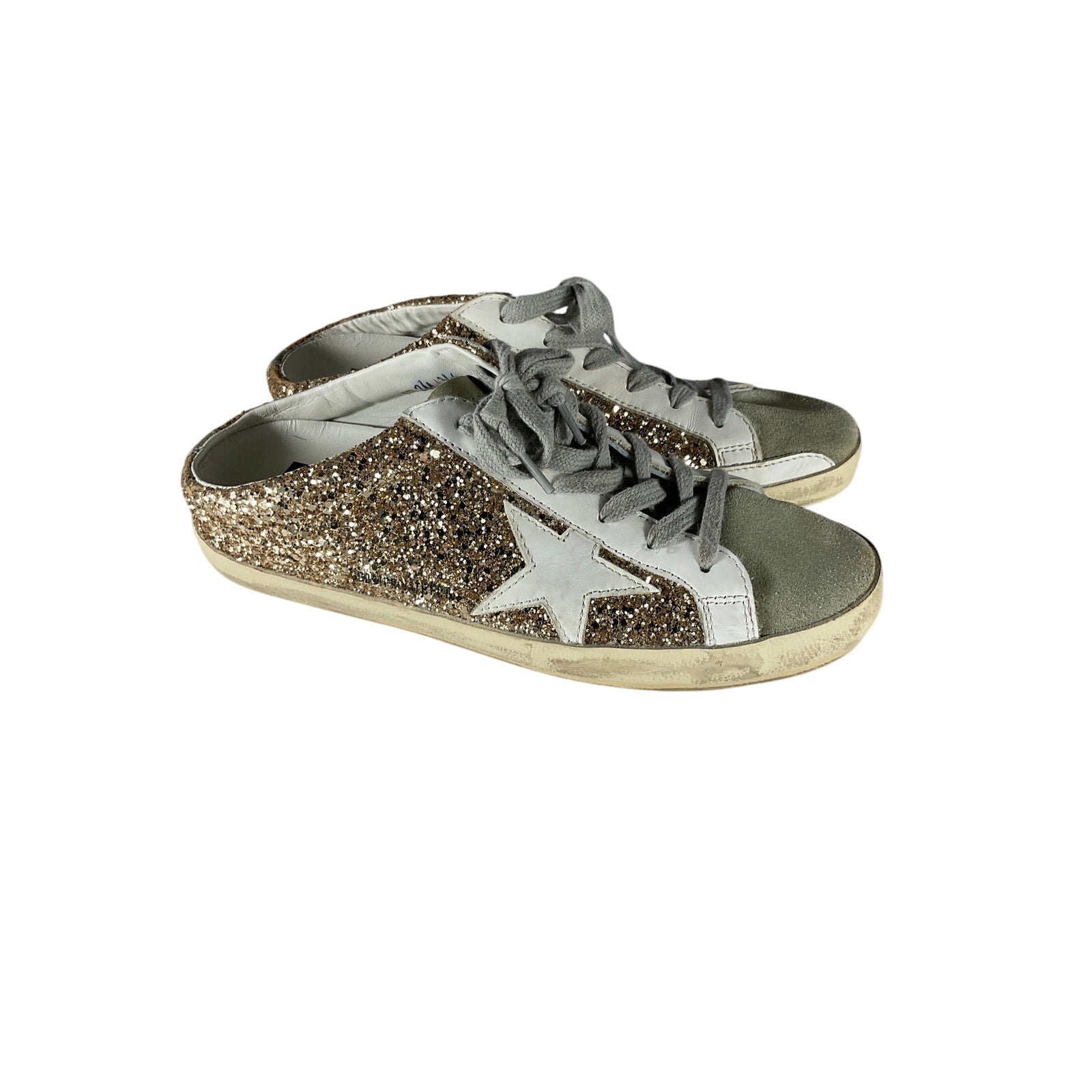 Golden Goose Super-Star 'Sabot' Gold Leather Distressed Glittered Slip-On Sneakers Size 8