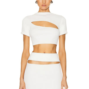 Christopher Esber Ribbed White Slashed Crop Tee Size M
