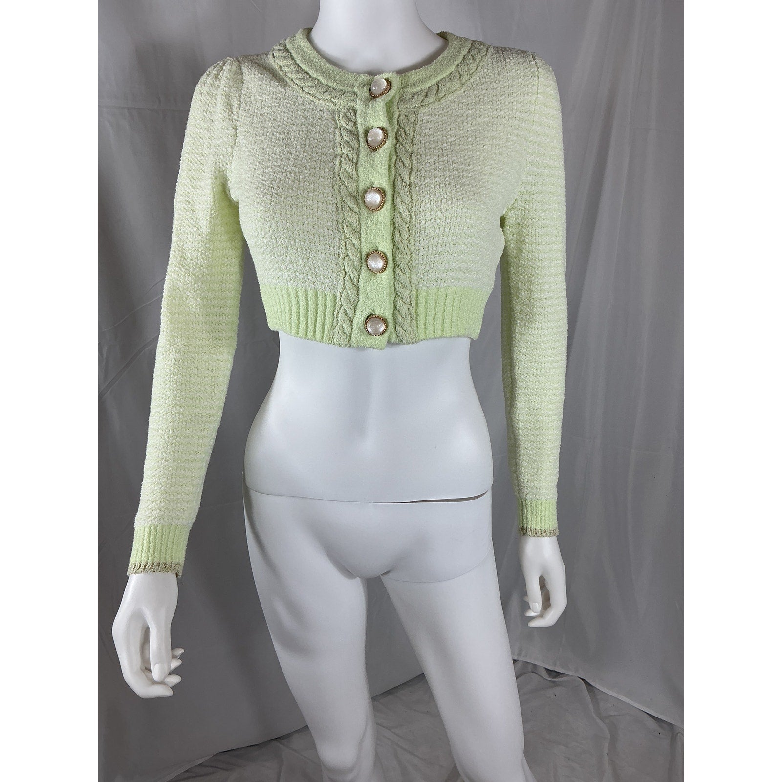 Loveshackfancy 'Twain' Green Cotton Crop Cardigan Size XS