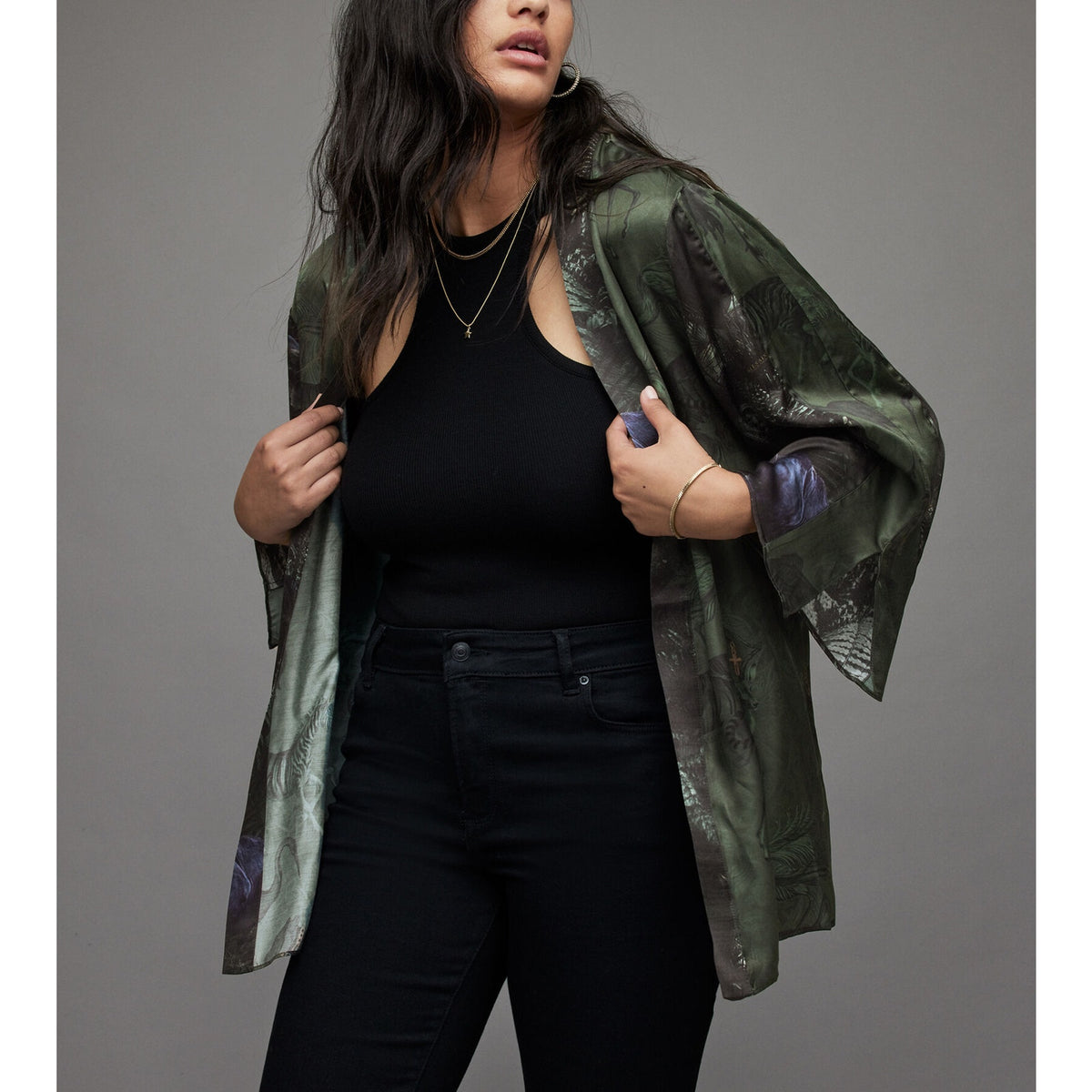 Allsaints 'Casi Heidi' Green Floral Fauna Silk Blend Kimono Jacket Coat Size 2