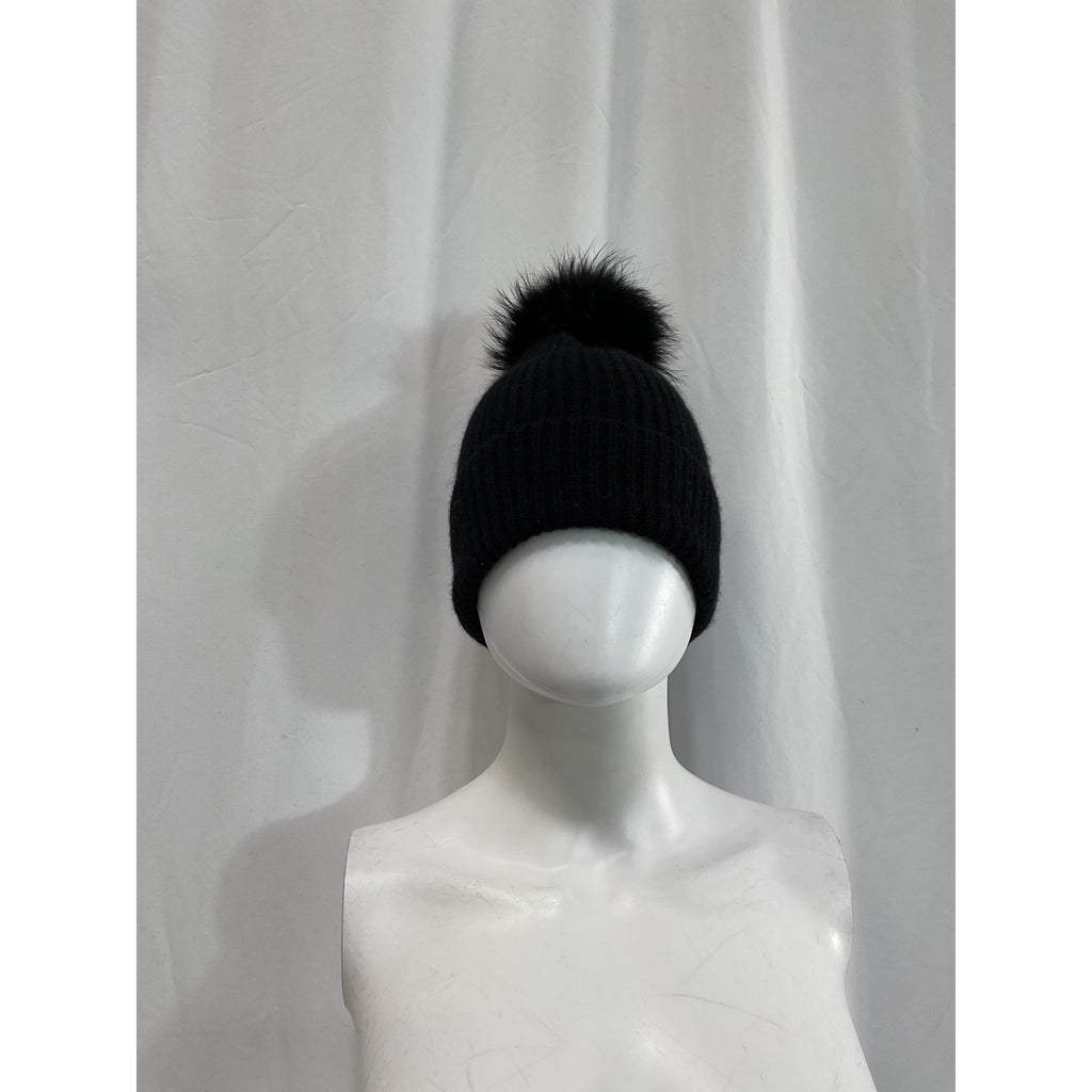 Amicale Cashmere & Fox Fur Black Pom-Pom Beanie Size OS