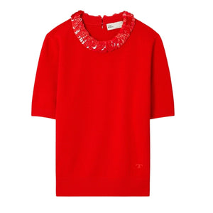 Tory Burch Embellished Red Sequin Collar Sweater Size XS