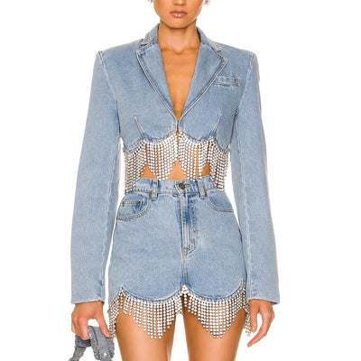 Area Cropped Light Blue Scalloped Crystal Denim Blazer Size 2
