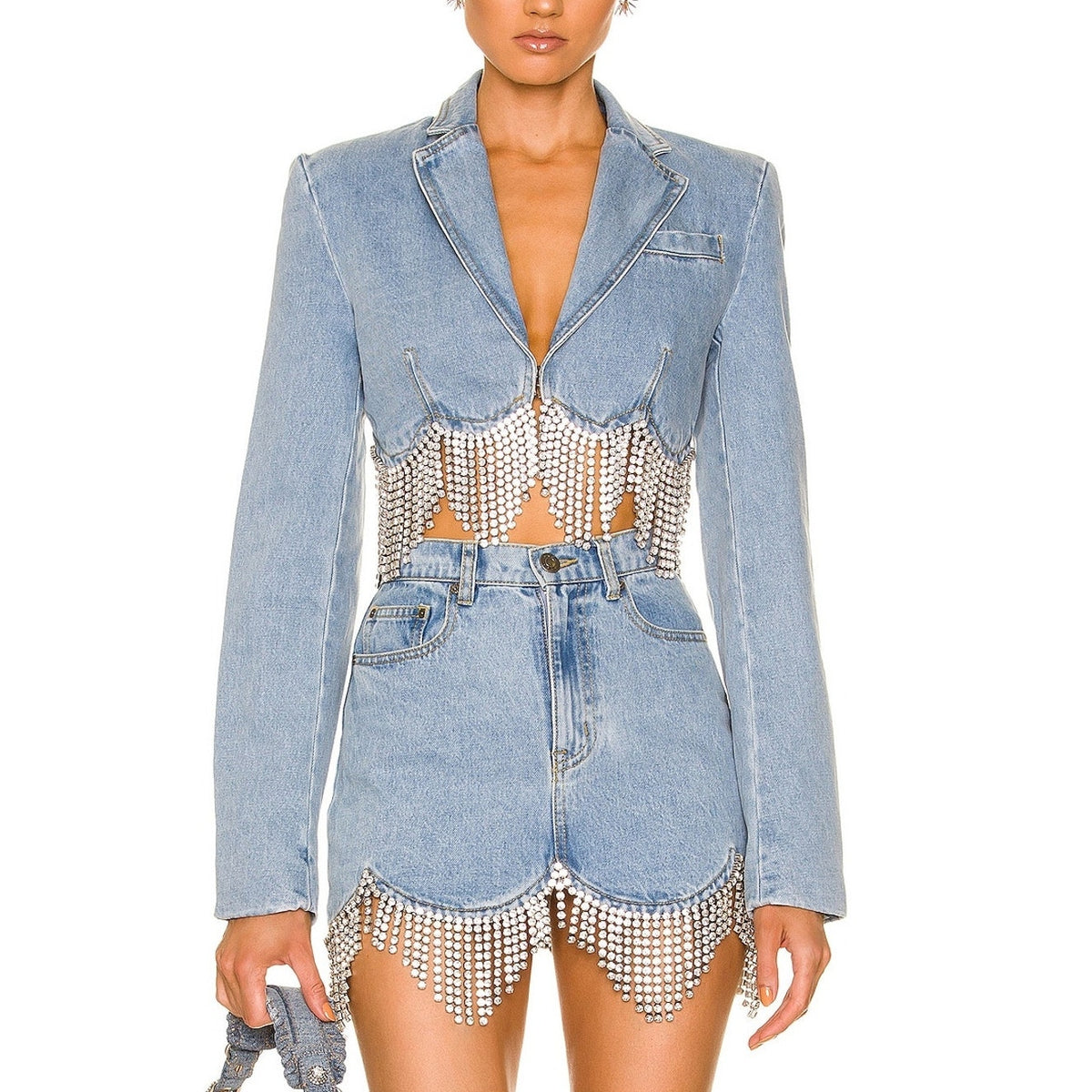Area Cropped Light Blue Scalloped Crystal Denim Blazer Size 2