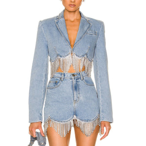 Area Cropped Light Blue Scalloped Crystal Denim Blazer Size 2